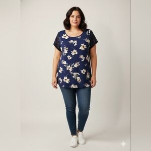 Loveappella Plus Size Blue Floral Navy Atherton Lace Sleeve Top NWOT